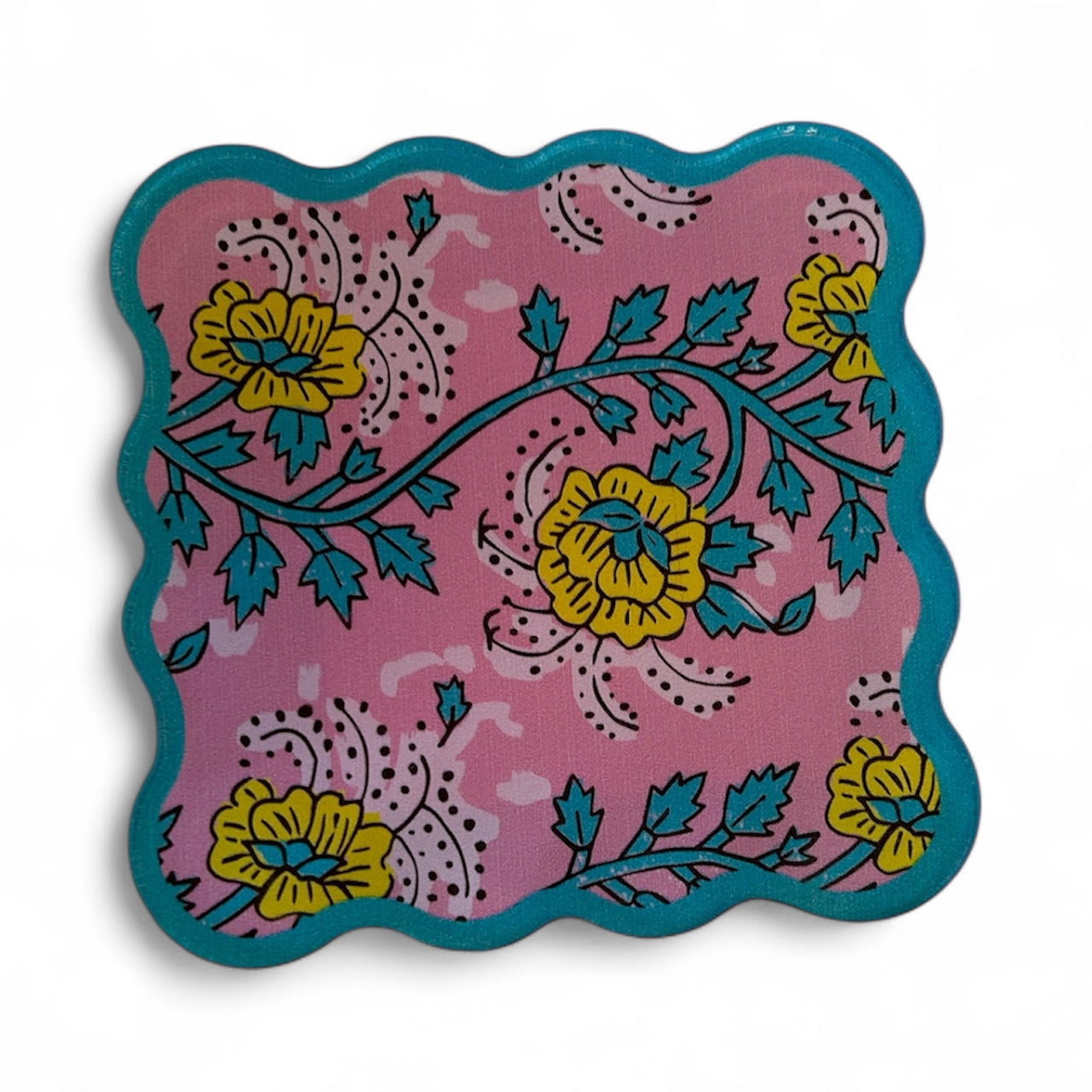 Pink Marigold with Teal Border Thick Coaster