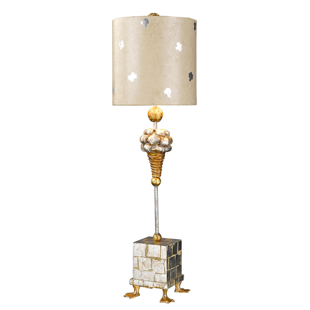 Decorative lamp with a unique base and beige lampshade on a white background
