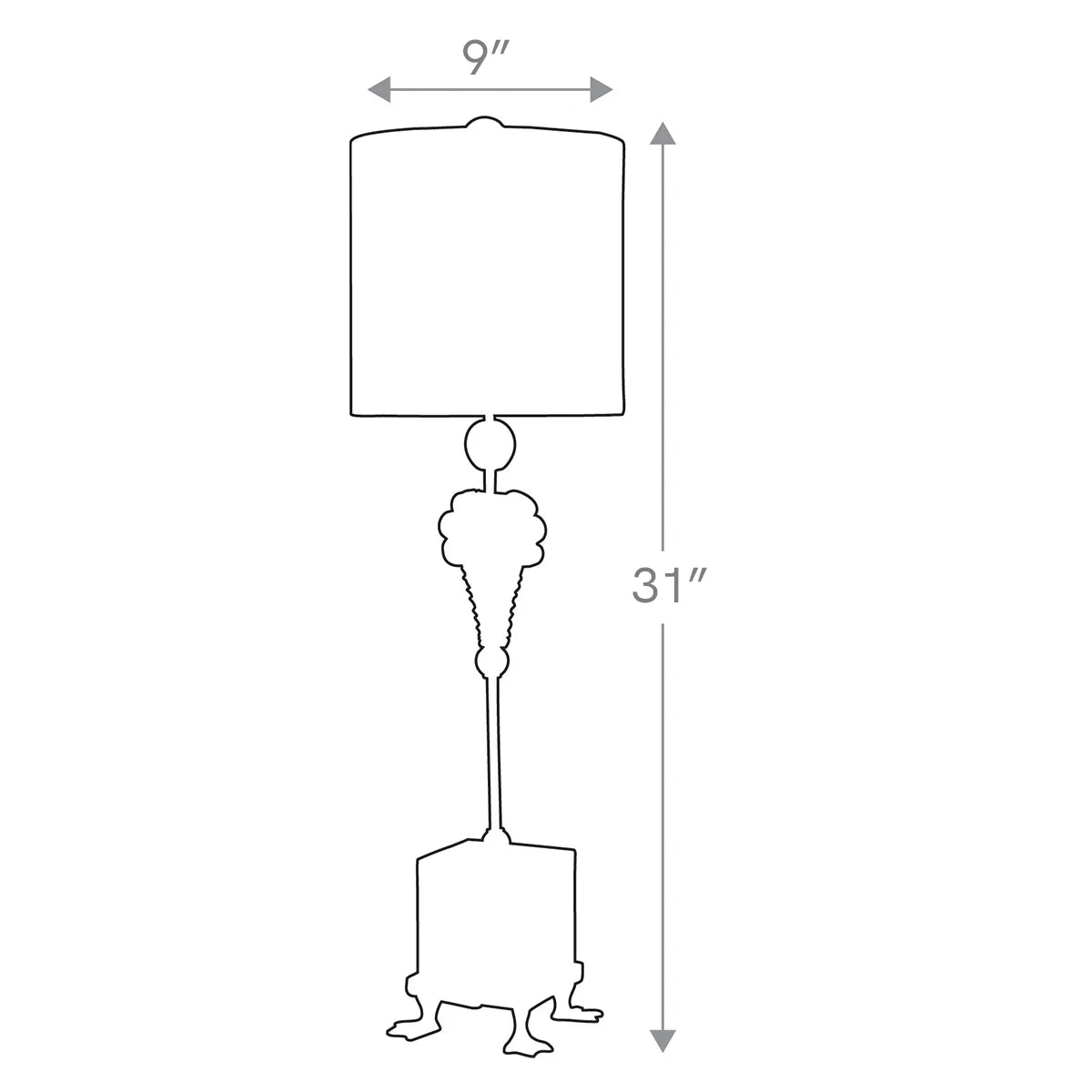 Line drawing of a lamp with dimensions labeled