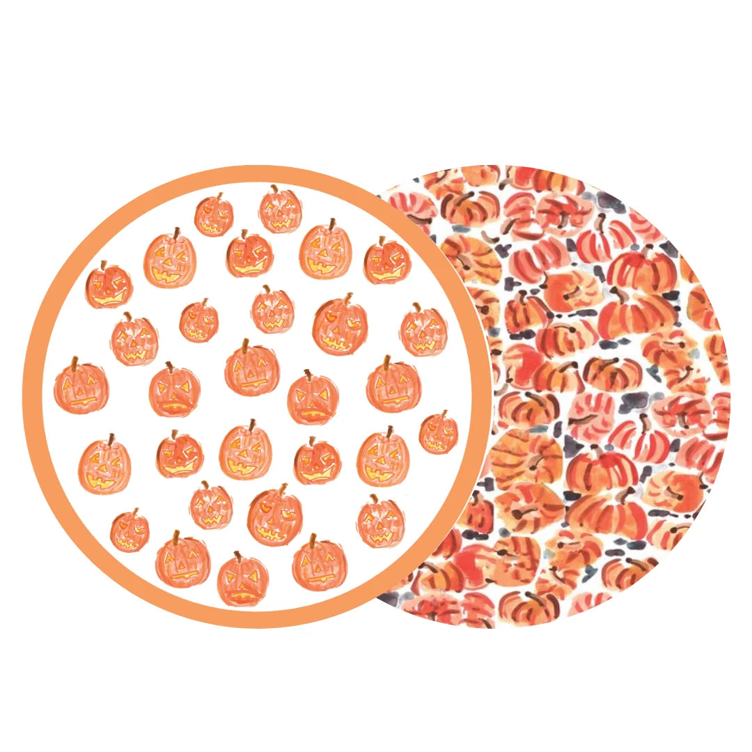Two round Halloween-themed plates shown on a white background. One plate displays carved jack-o'-lantern pumpkins inside an orange border, and the other shows a dense all-over pattern of orange pumpkins with black and red stripes.