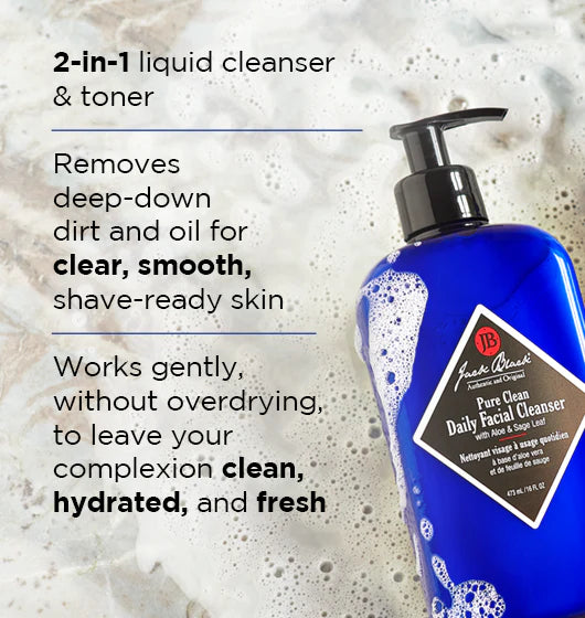 Blue bottle of Jack Black facial cleanser with text on a textured background