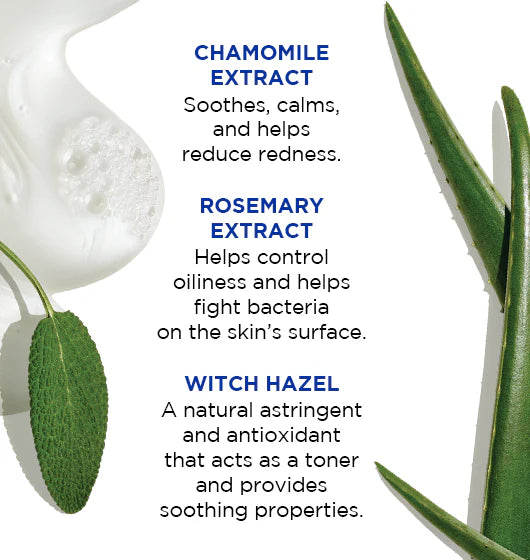 Text detailing the benefits of chamomile, rosemary, and witch hazel extracts with corresponding images of leaves.