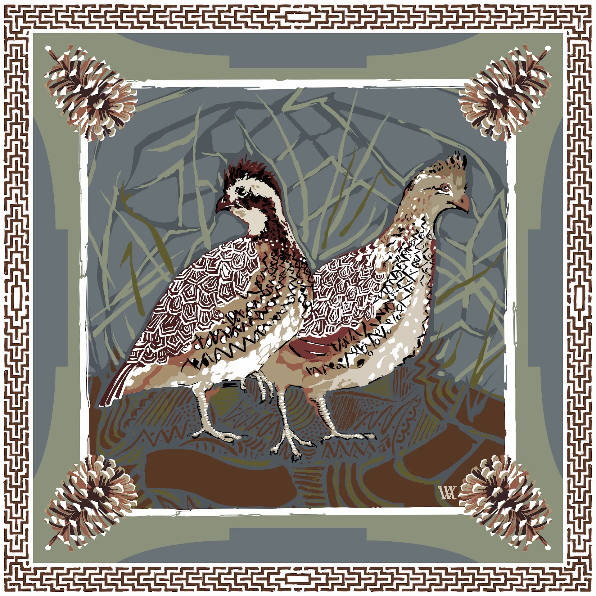 Slate Quail Pair Silk Scarf