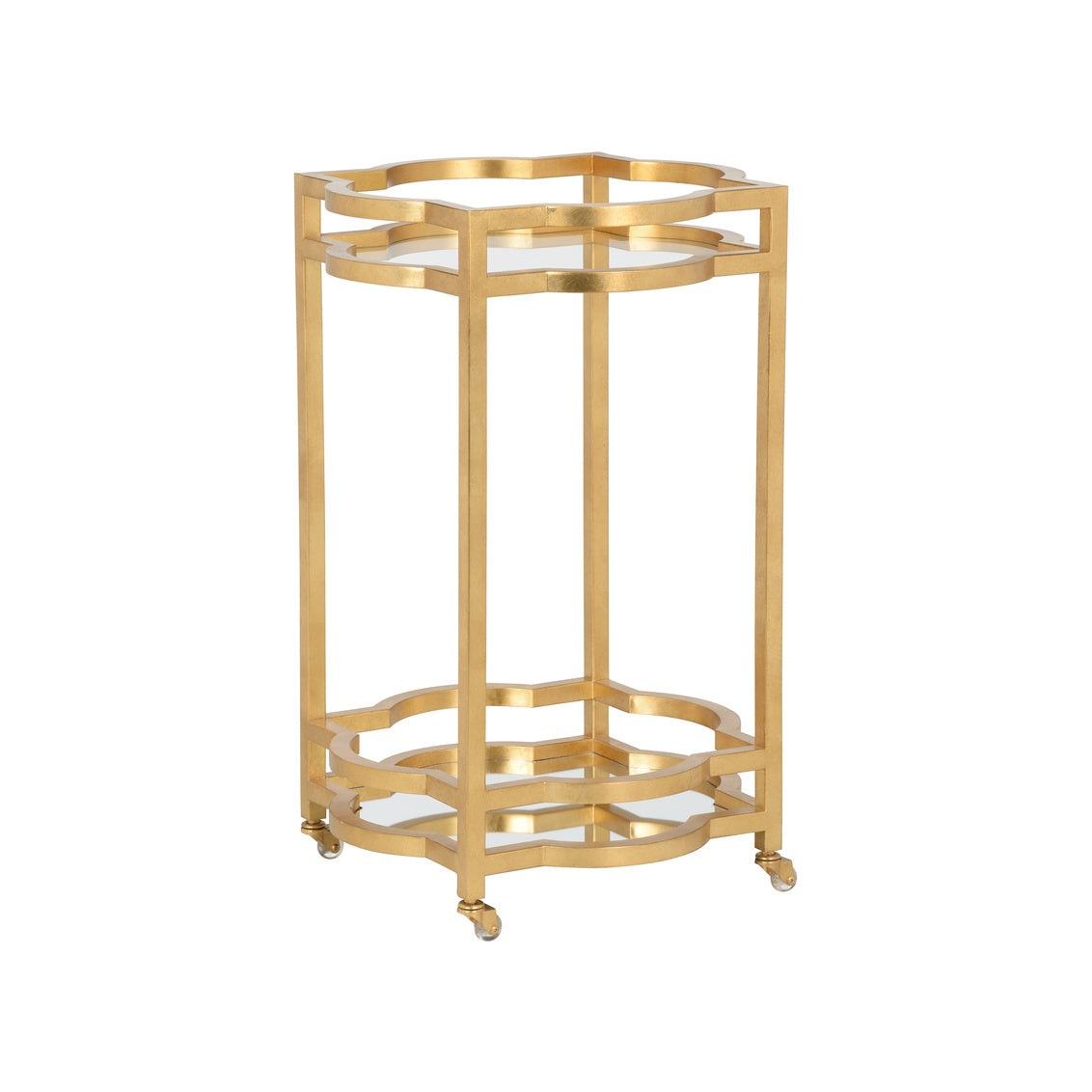 Gold metal bar cart with mirror shelves on a white background