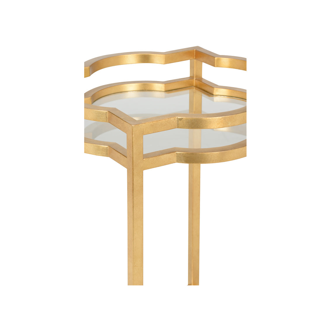 Gold geometric side table with glass top on a white background