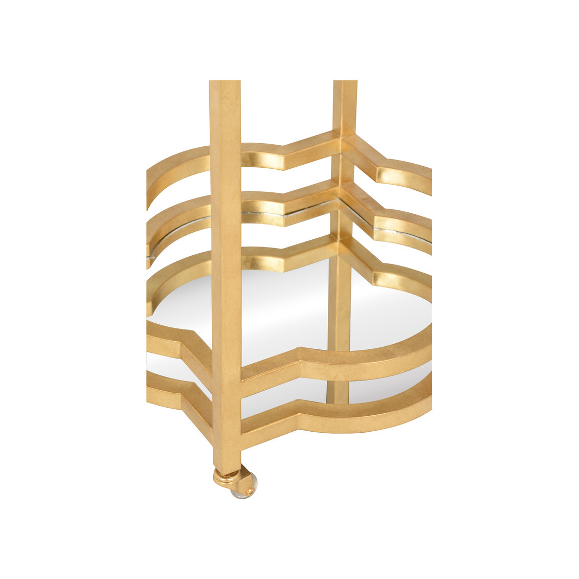Gold metal decorative bar cart with a white circular platform on a white background