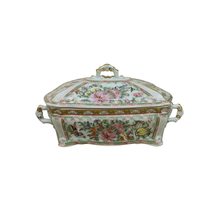 An octagonal porcelain serving caddy with a lid, decorated with a colorful floral and butterfly pattern on a white background, featuring side handles and a gold-tone top handle.