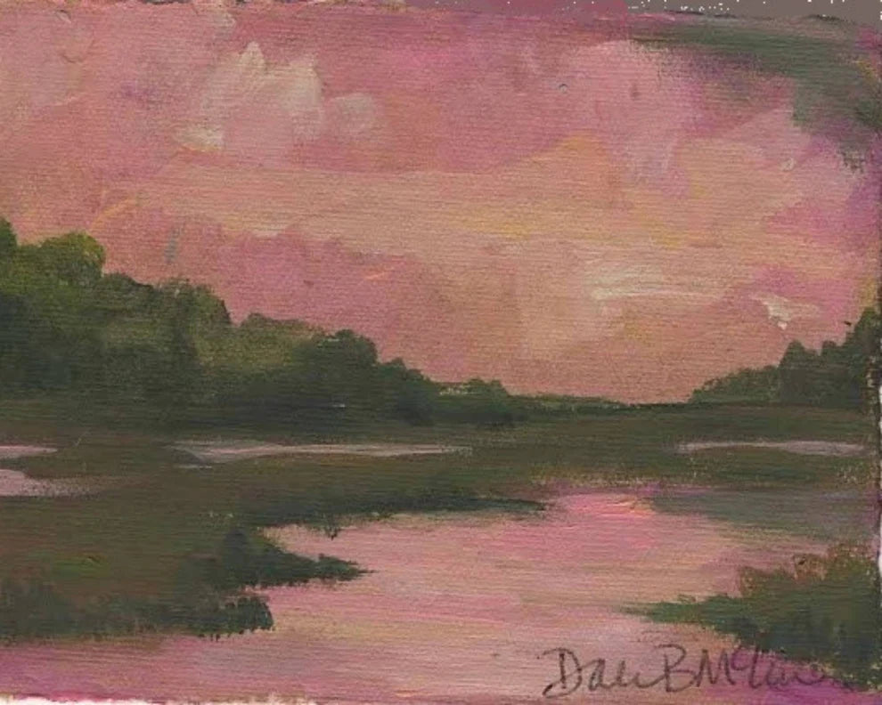 Painting of a landscape with a pink sky and green trees.