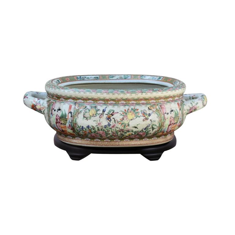 A Chinese porcelain censer bowl with a multicolor Famille Rose pattern, featuring two side handles and a dark wooden base, shown against a plain white background.