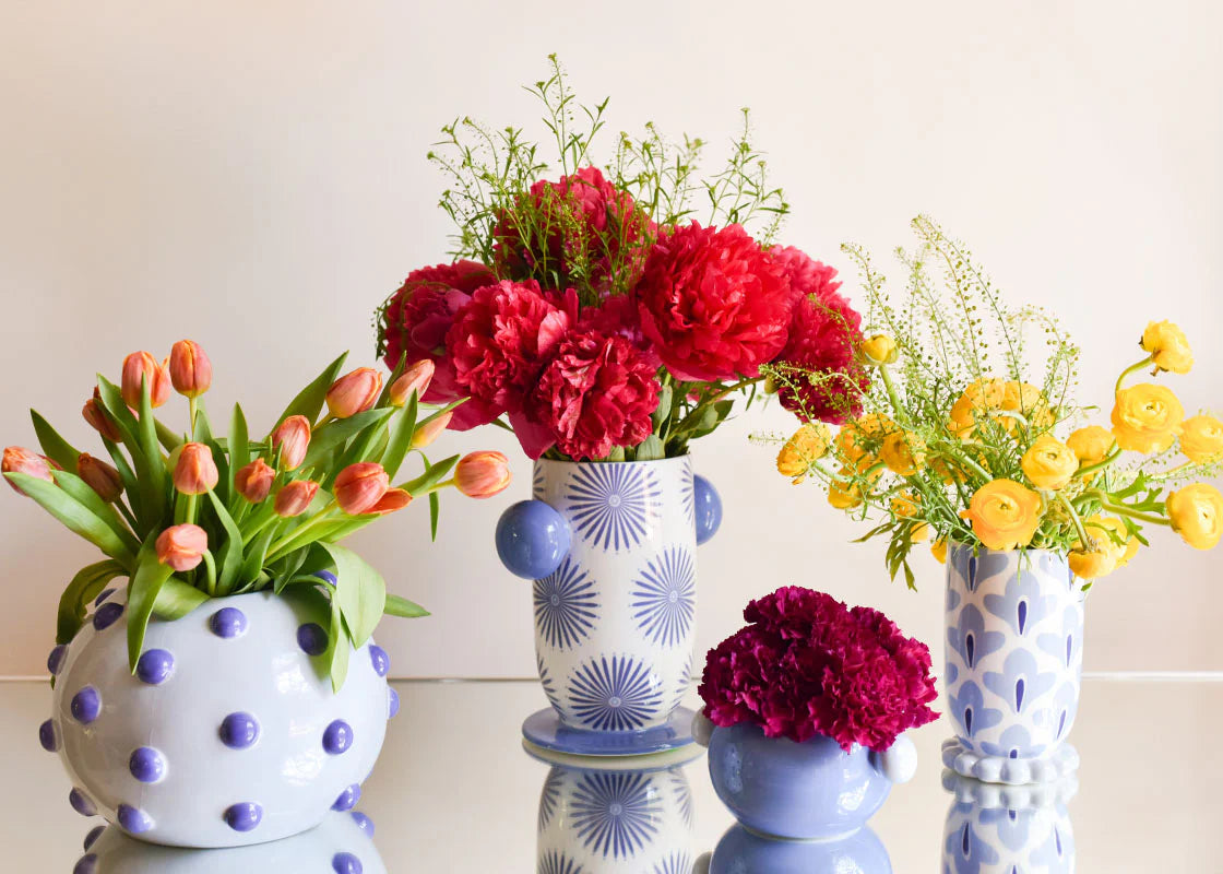 IRIS BLUE MEDIUM CYLINDER VASE WITH KNOBBED FOOT