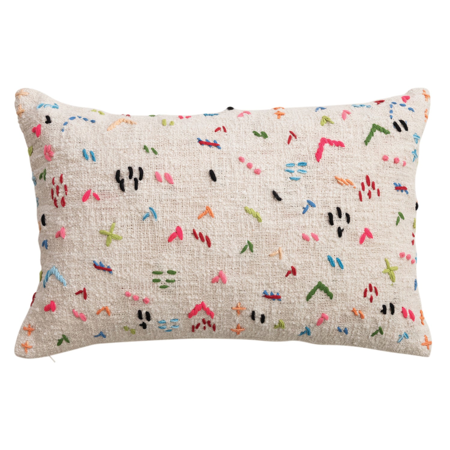 Decorative pillow with colorful abstract pattern on a beige background