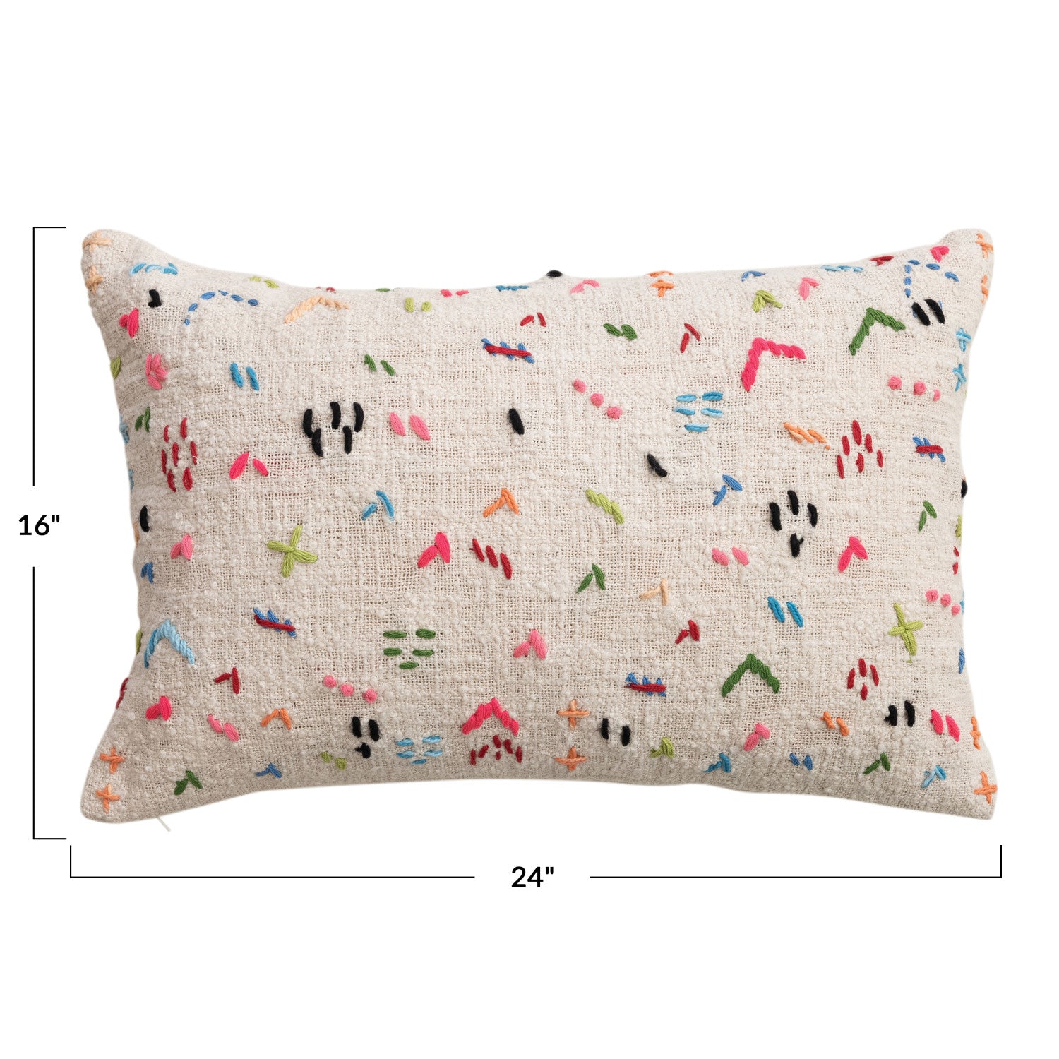 Decorative pillow with colorful abstract pattern on a beige background, with dimensions indicated.