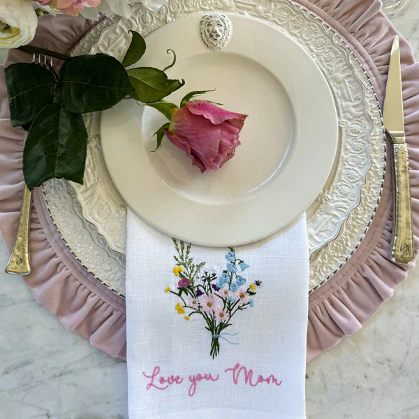 Love You Mom with Bouquet Linen Tea Towel