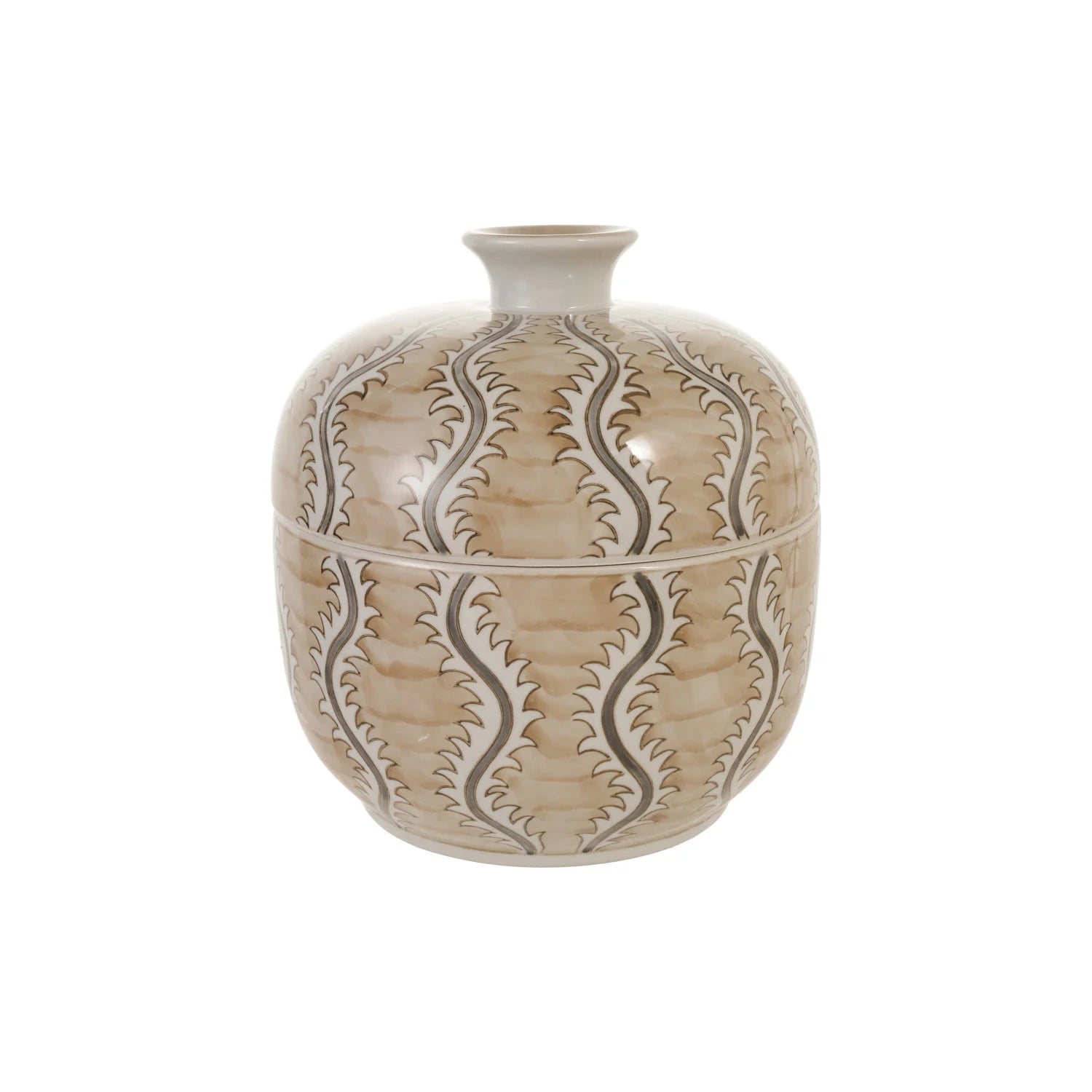 Decorative ceramic jar with wavy patterns on a white background
