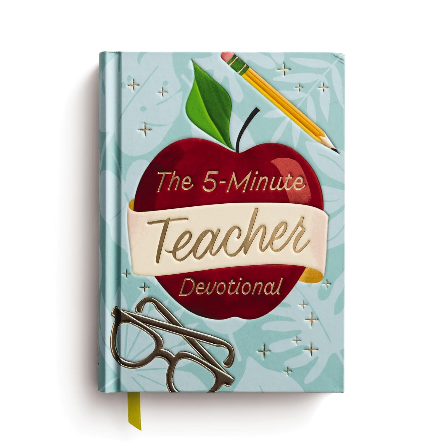 Book titled 'The 5-Minute Teacher Devotional' with an apple and pencil design on a light blue background.