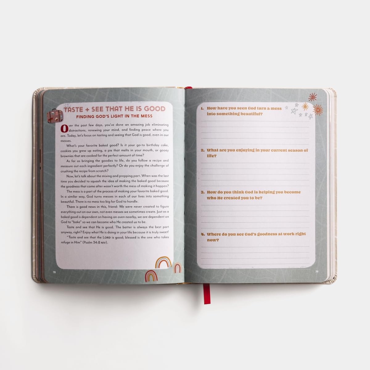 Open book with text and questions on a white background