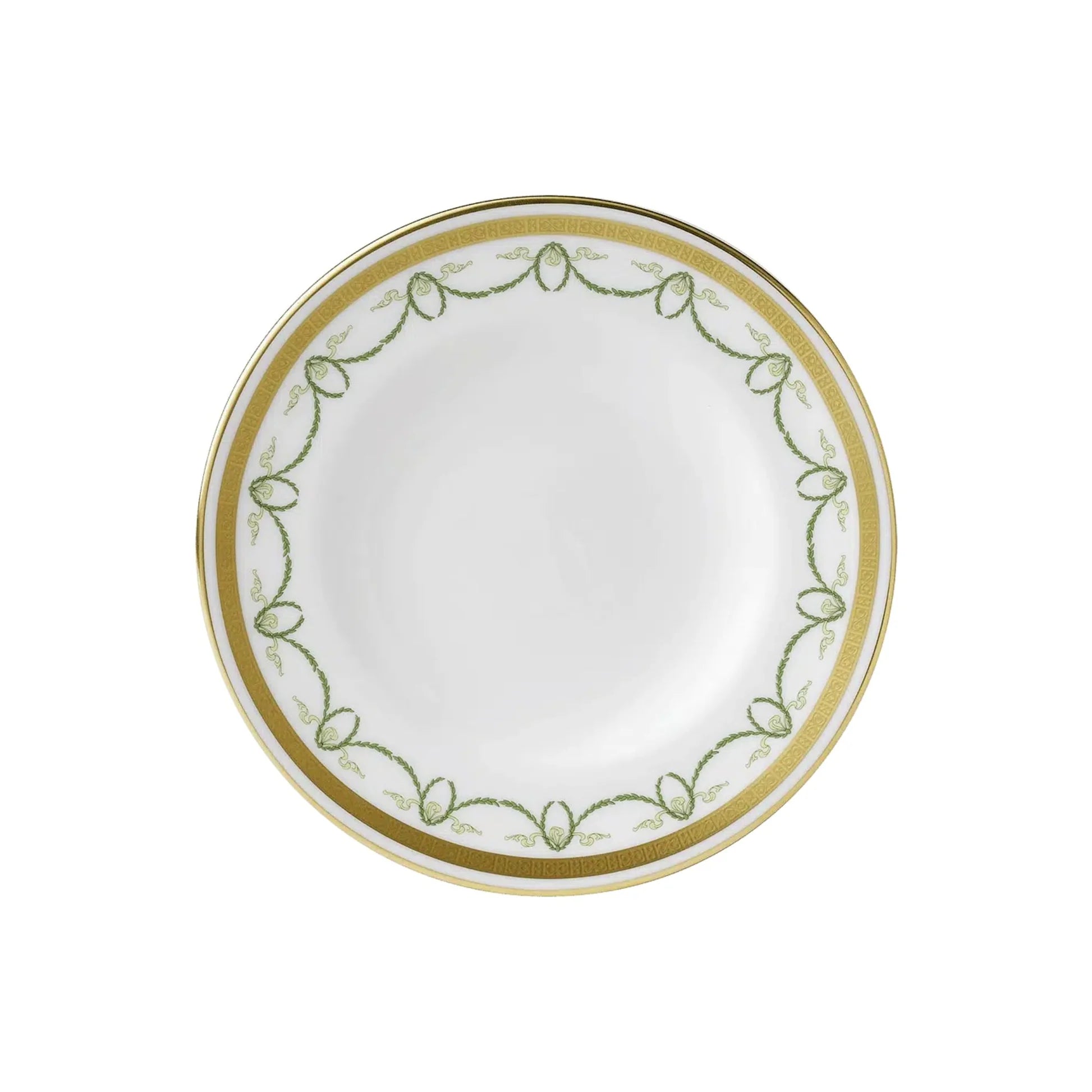 White plate with gold and green decorative rim on a white background