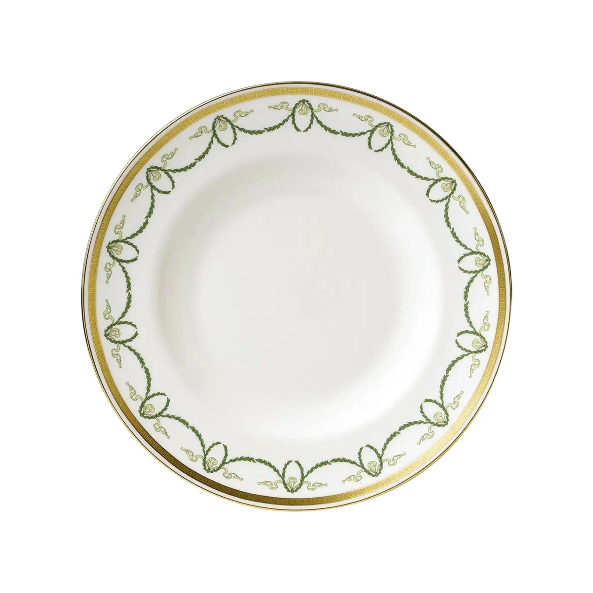 White plate with green and gold decorative rim on a white background