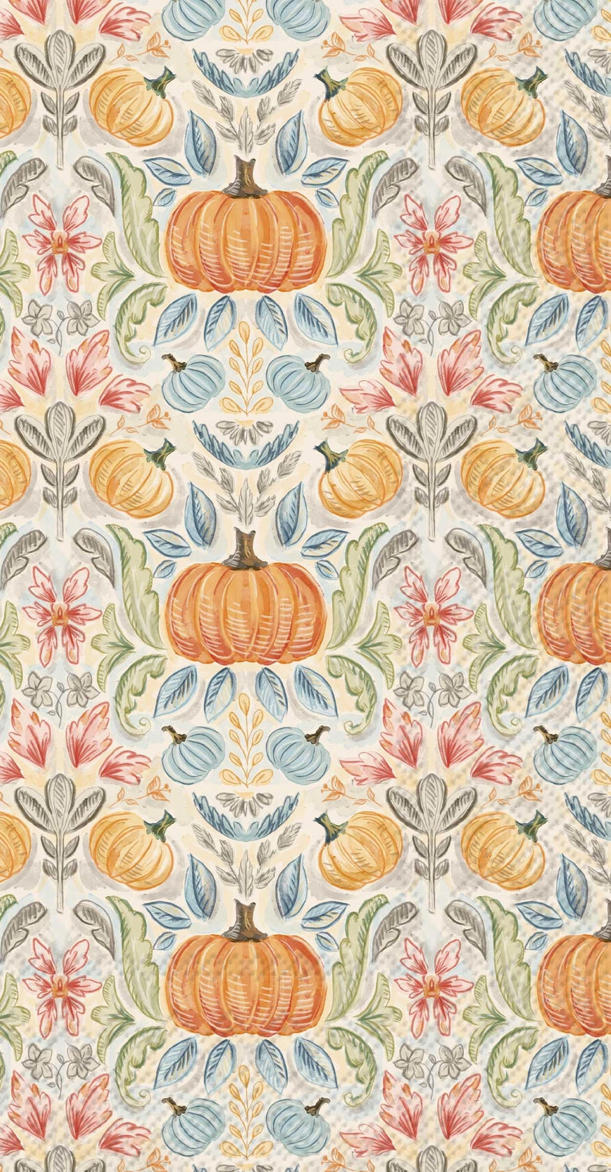 A repeating autumn floral pattern featuring orange pumpkins, blue gourds, and red flowers with green leaves on a cream background.