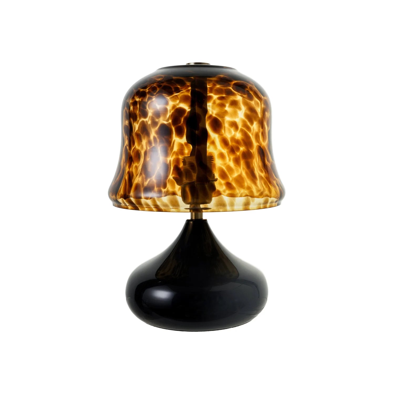 Table lamp with a tortoiseshell-patterned shade on a black base against a white background