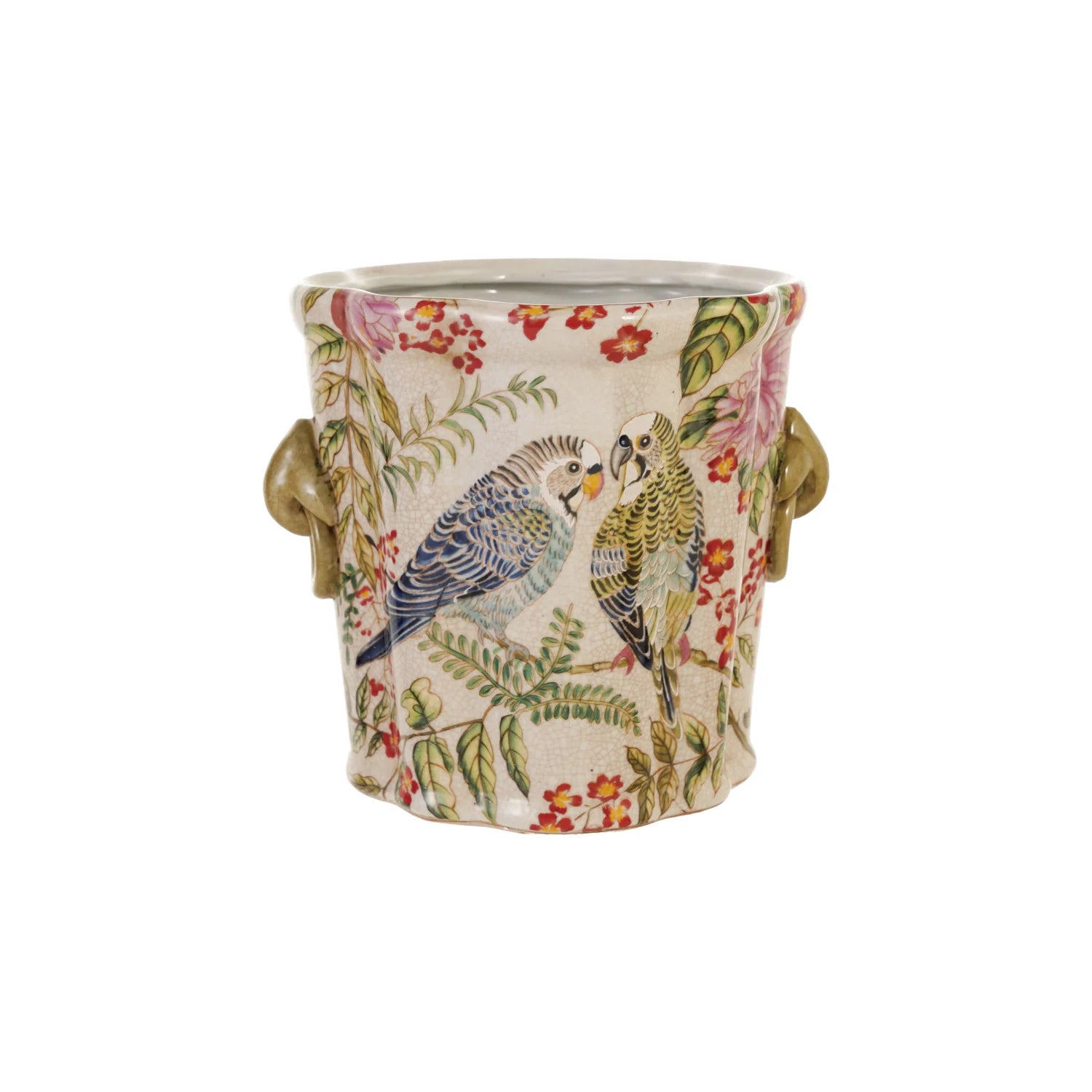 Decorative pot with bird and floral pattern on a white background