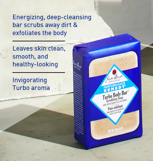Blue package of Turbo Body Bar with text about its benefits on a light background
