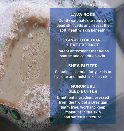 Soap bar with text detailing ingredients and benefits on a blue background