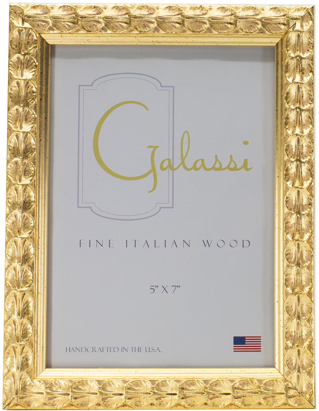 A 5x7 picture frame with an ornate, textured gold leaf pattern border, shown with its white paper insert. The insert features the brand name 'Galassi' in gold script and 'FINE ITALIAN WOOD' in dark gray text.