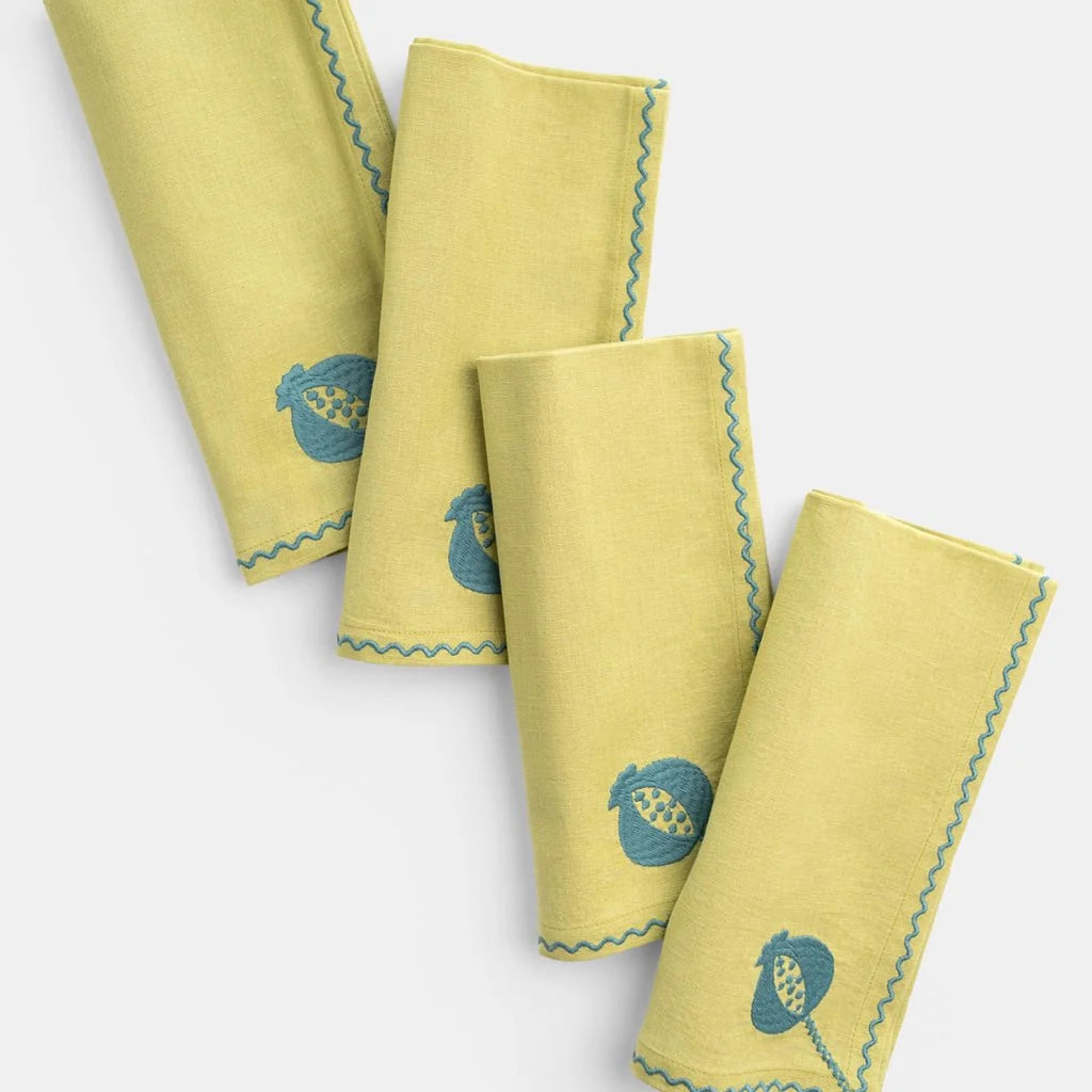 Pomegranate Crewel Chartreuse & Teal Napkins | Set of 4
