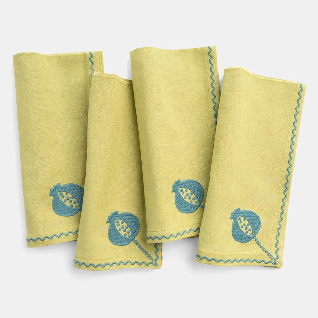 Pomegranate Crewel Chartreuse & Teal Napkins | Set of 4