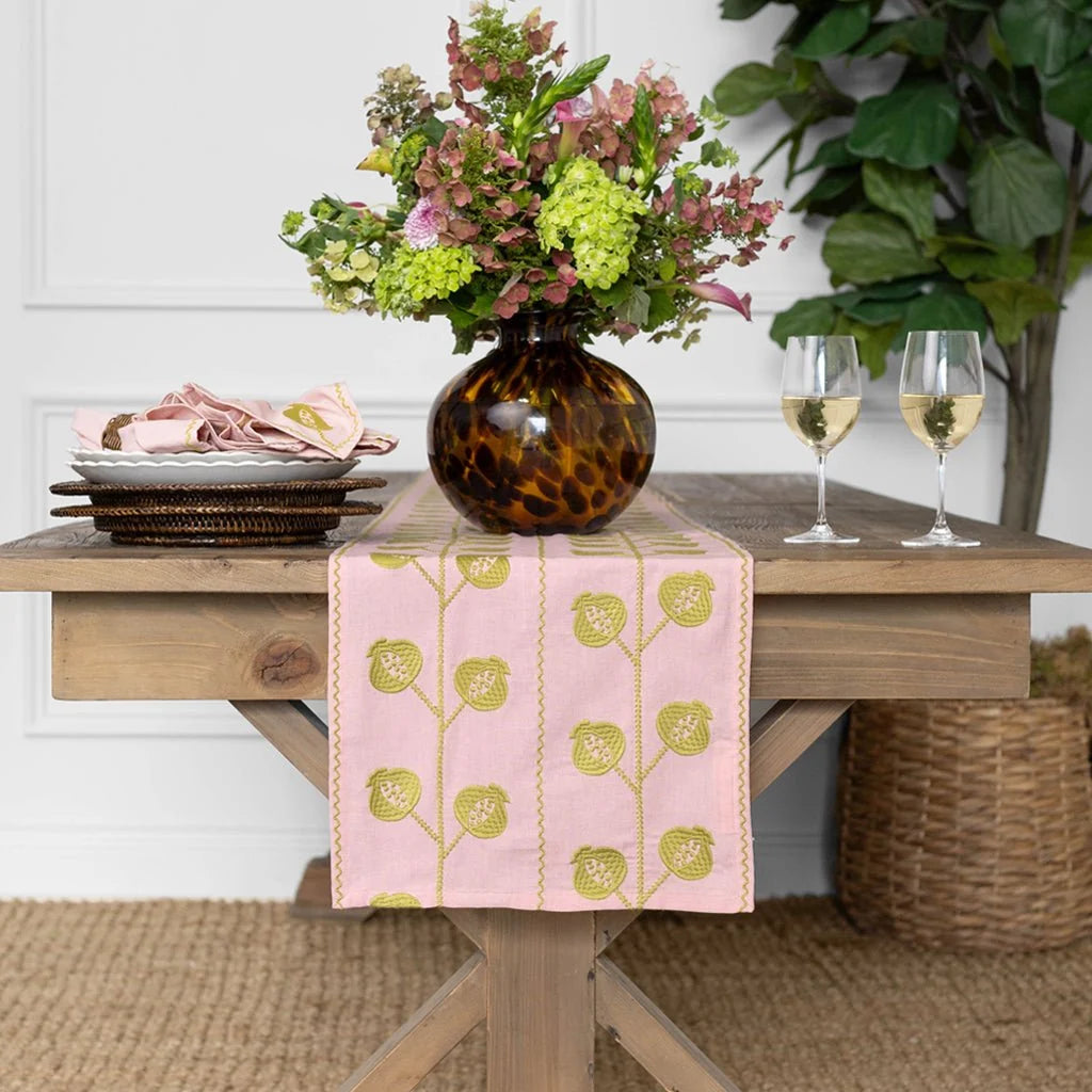 Pomegranate Crewel Light Pink & Chartreuse Table Runner