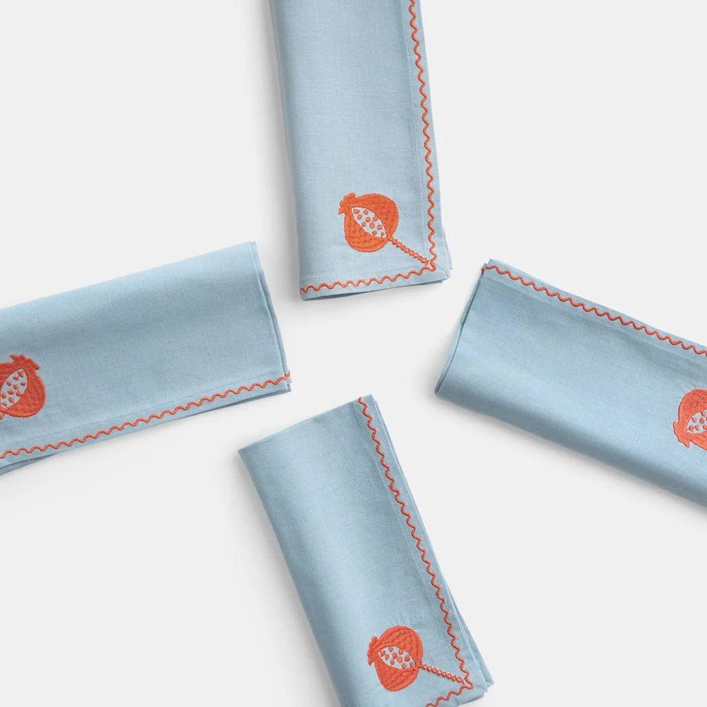 Pomegranate Crewel Slate Blue & Poppy Napkins | Set of 4