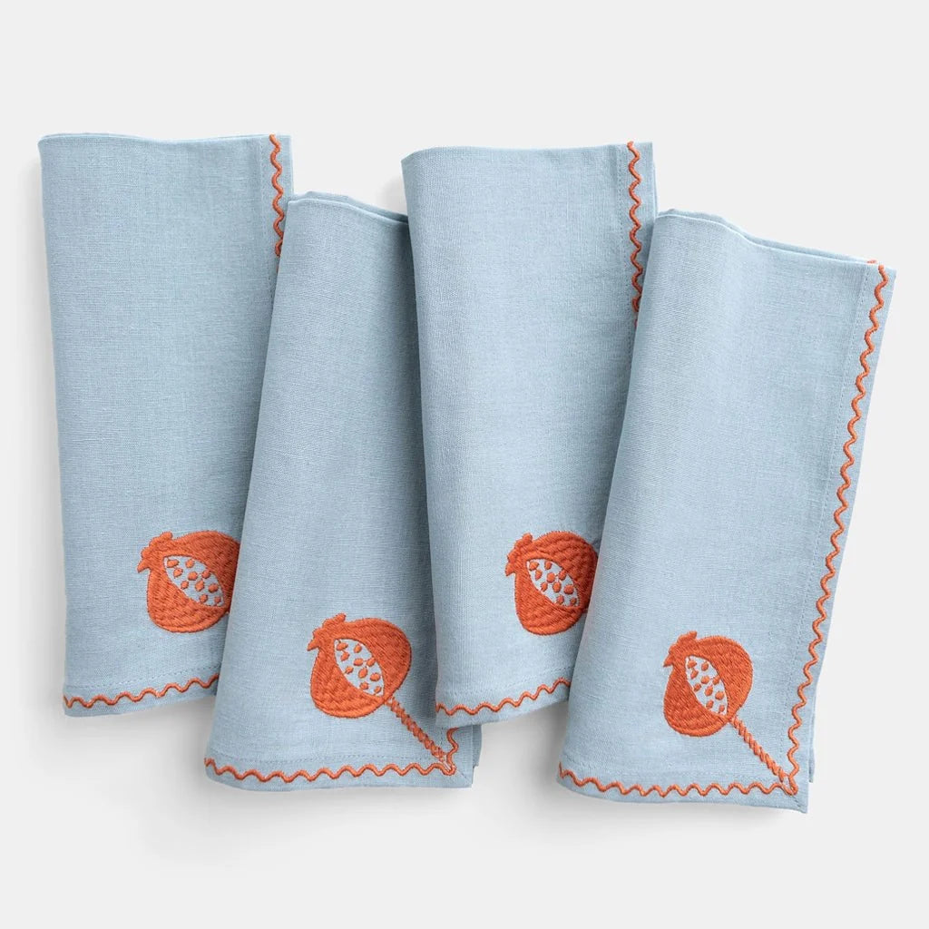Pomegranate Crewel Slate Blue & Poppy Napkins | Set of 4
