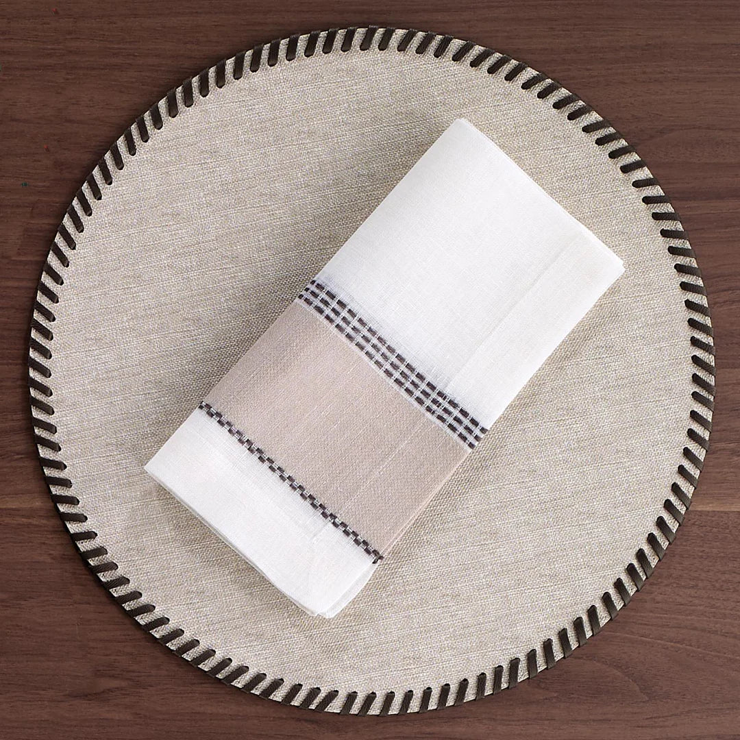 Whipstitch Round Vinyl Placemats with Leather Trim - Beige | Set of 4