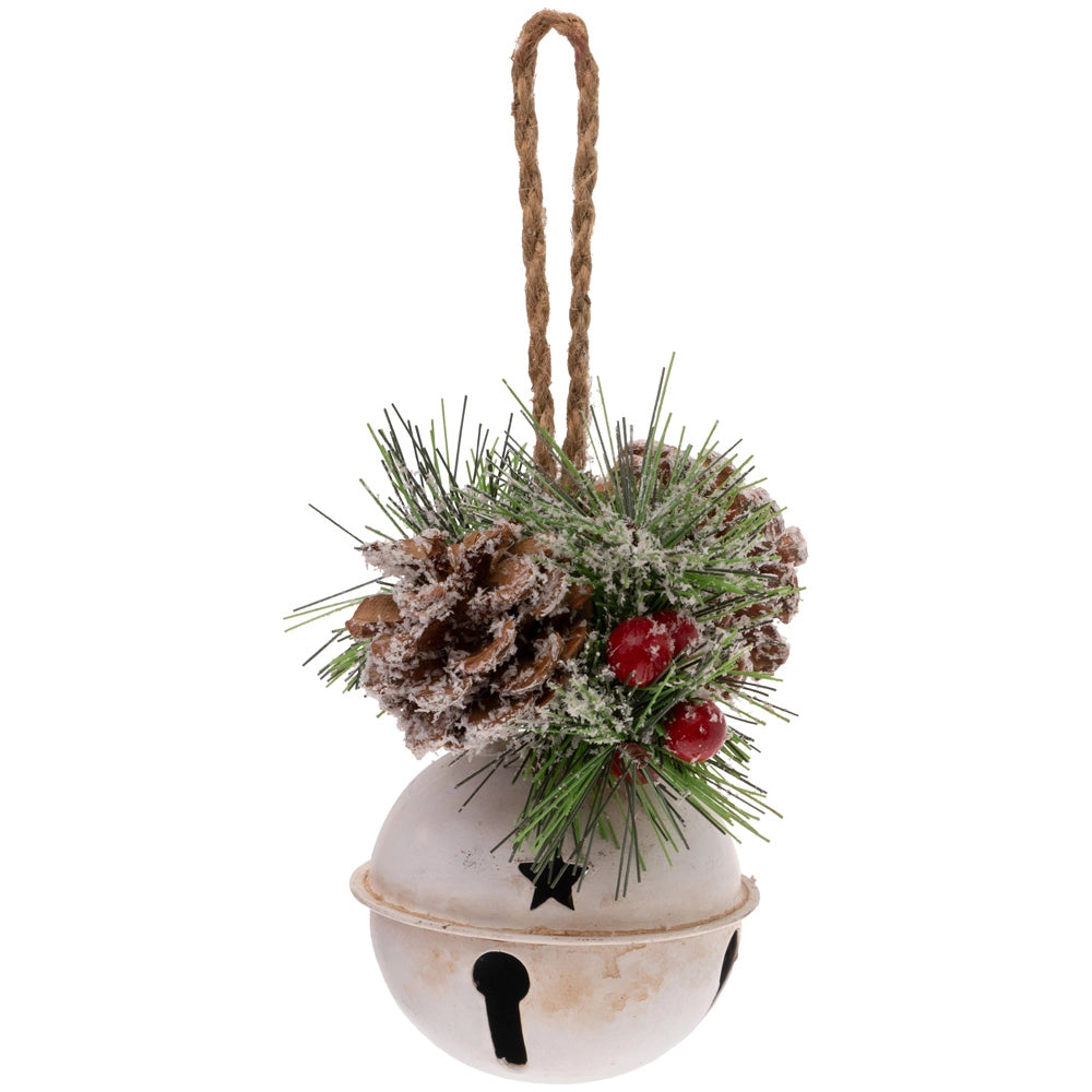 Decorative bell ornament with pine cones and berries on a white background