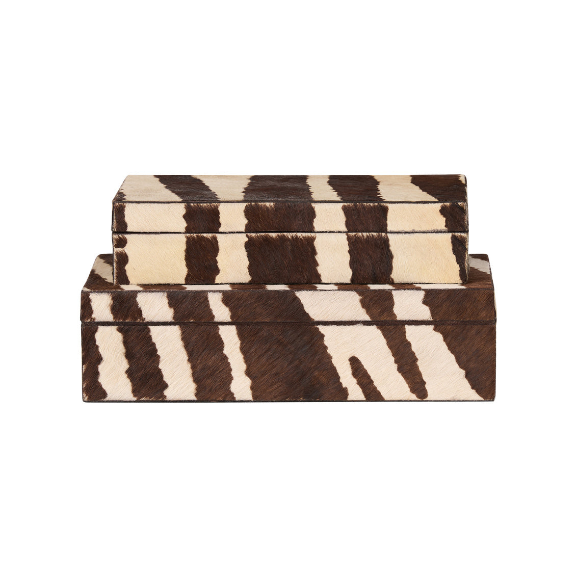 Stack of decorative boxes with brown and white striped pattern on a white background