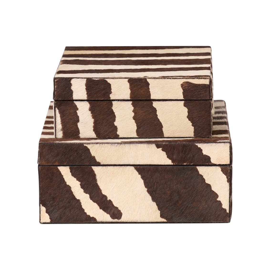 Set of two decorative boxes with zebra print design on a white background