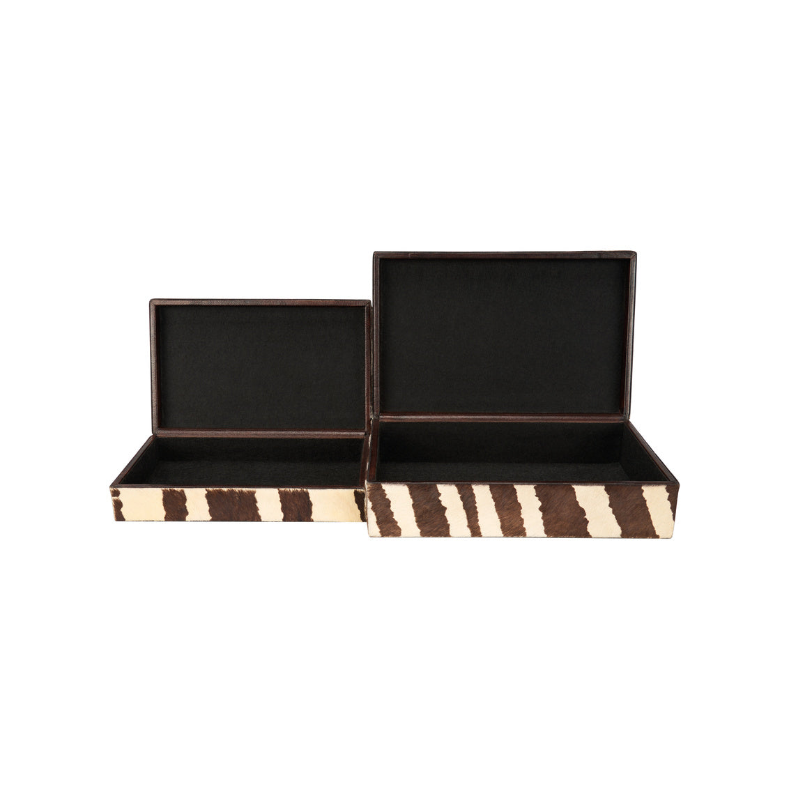 Two decorative boxes with zebra print base and black top on a white background