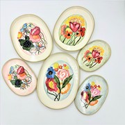 Large Blue Handpainted Oval Metal Tray, Abstract Floral