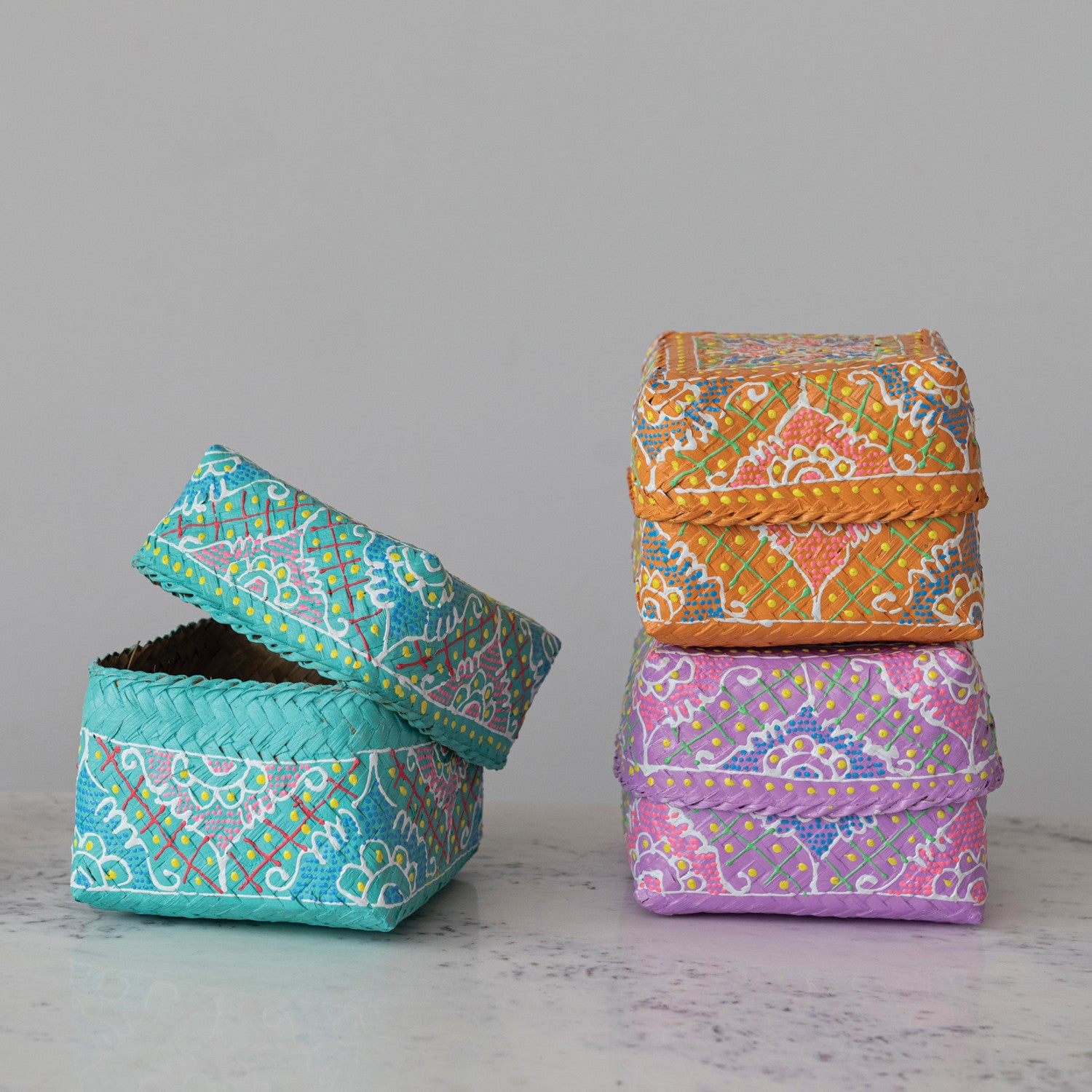 Hand-Painted Bamboo Container with Lid