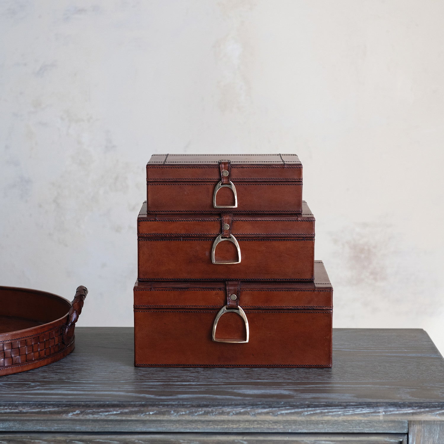 Wood and Leather Nesting Box with Brass Closure