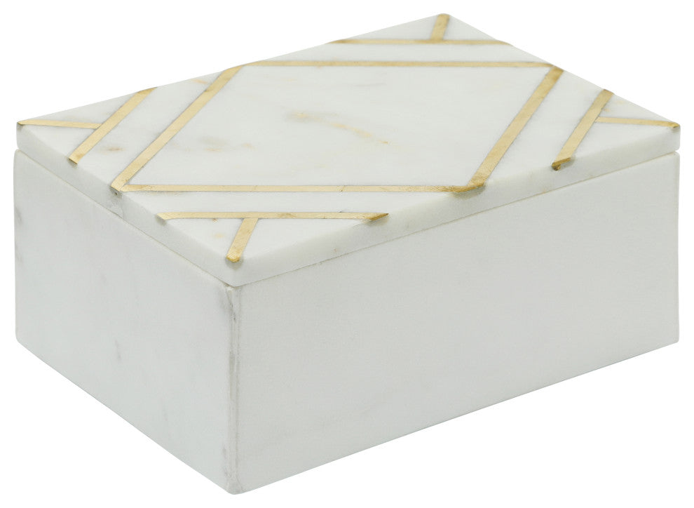 Marble 7x5 Rectangular Box w/ Gold Inlays, White