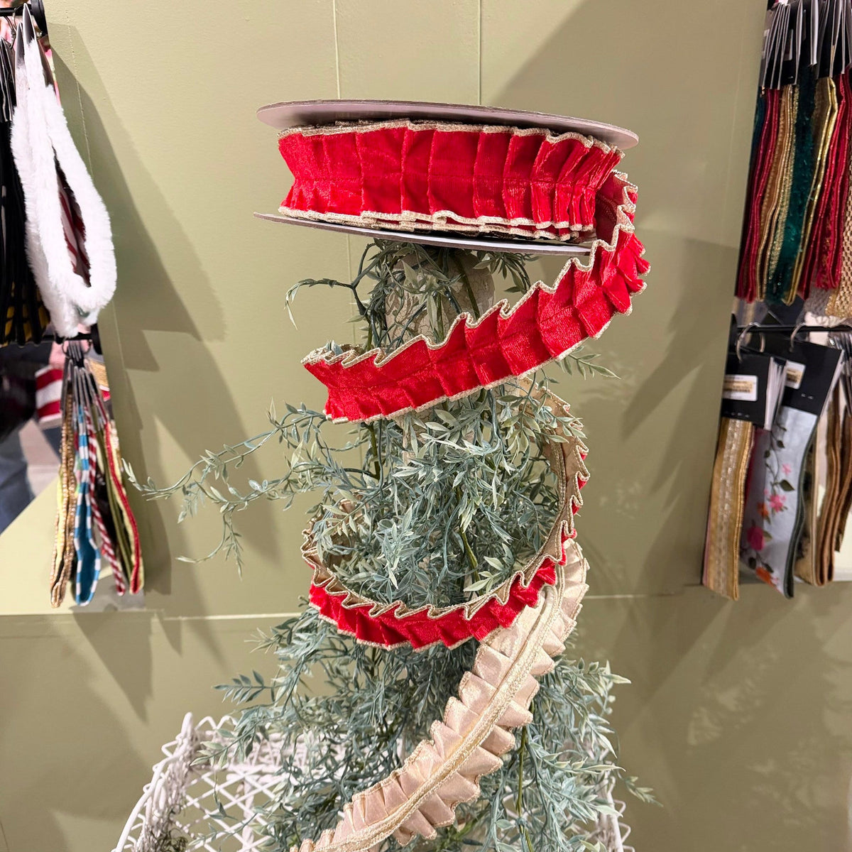 Red Velvet Pleated Metallic Dupion DBL Fused Ribbon