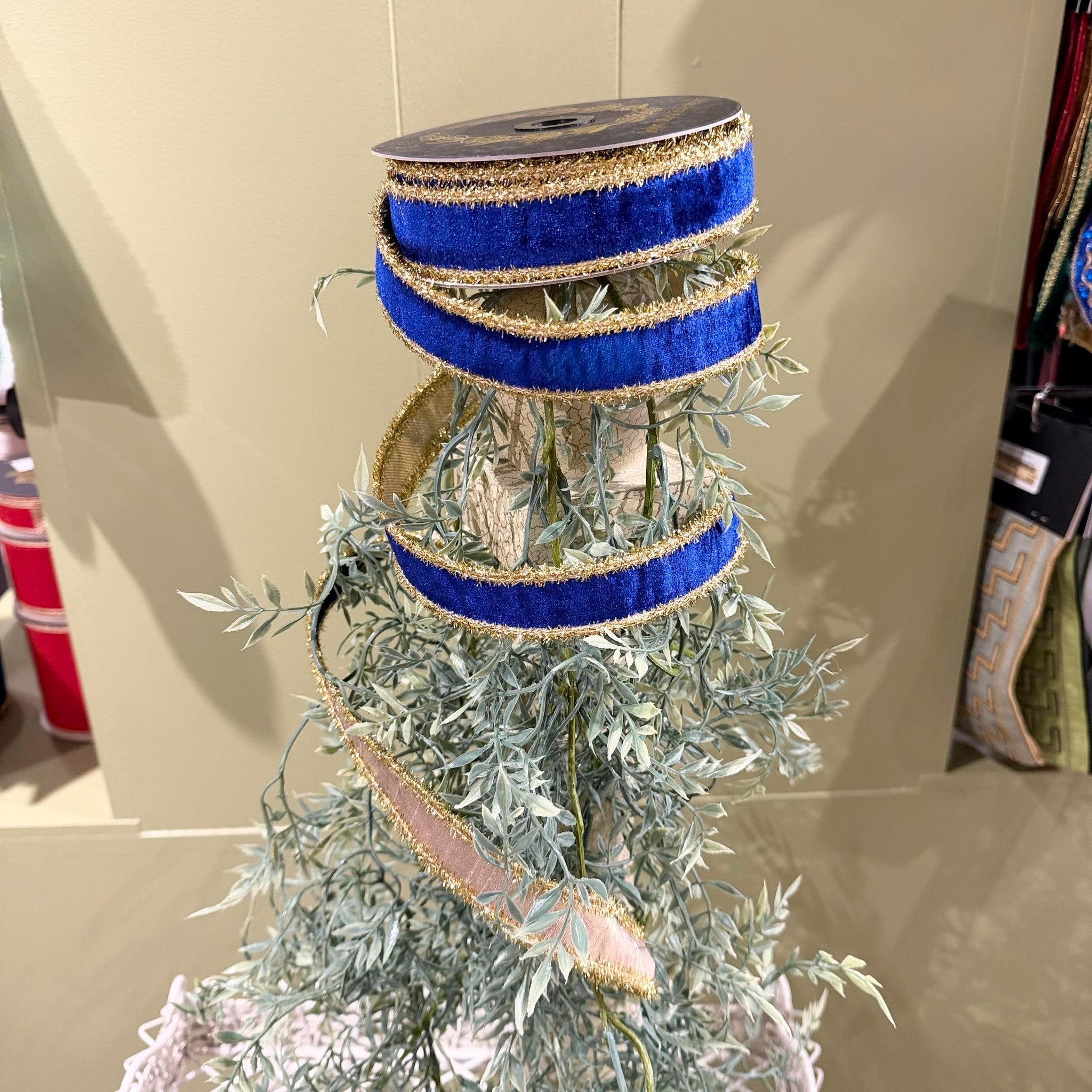 Velvet Metallic Dupion DBL Fused Tinsel Edge Blue Ribbon