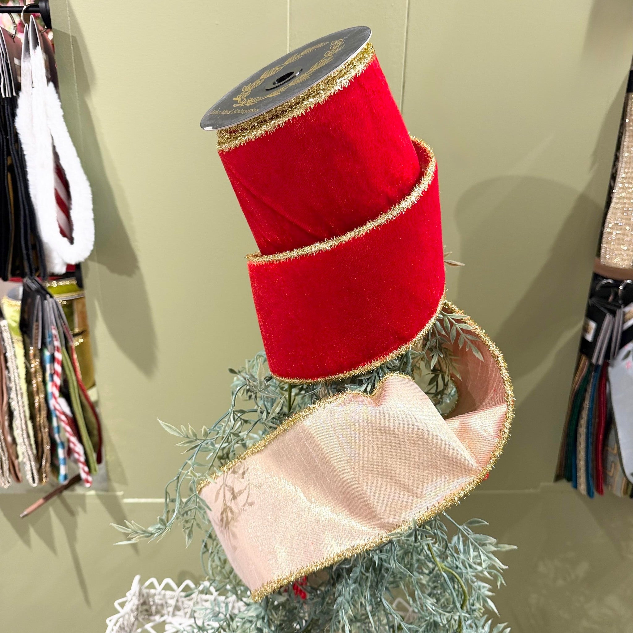 Velvet Metallic Dupion DBL Fused Tinsel Edge Red Ribbon