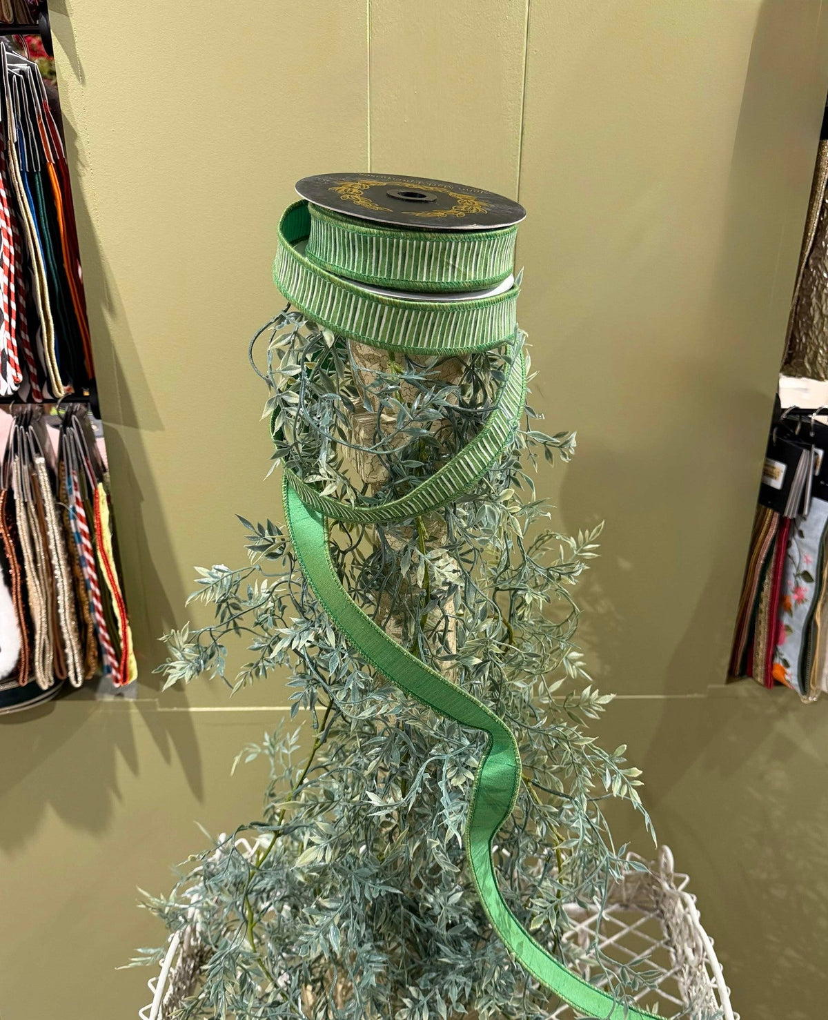 Mini Stripe Dupion Fused Green Ribbon