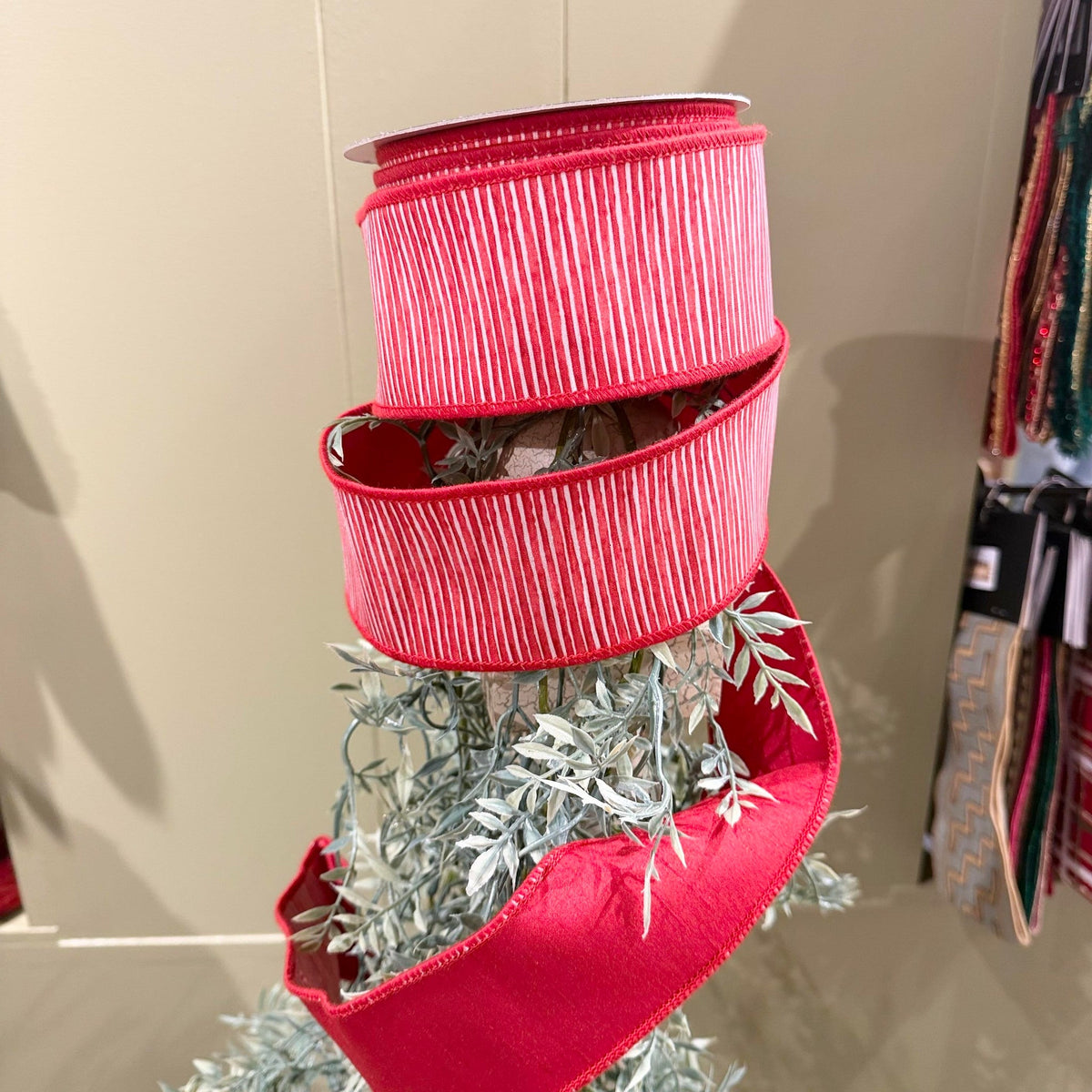 Mini Stripe Dupion Fused Red Ribbon
