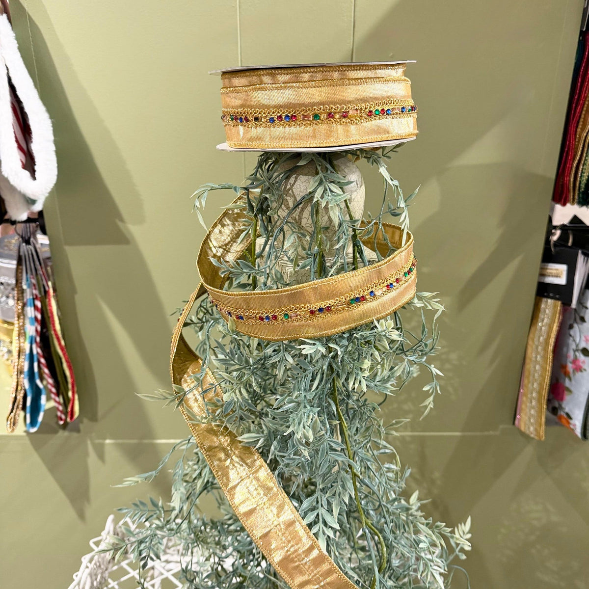 Multi Jeweled Trim Metallic Dupion DBL Fused Gold Ribbon