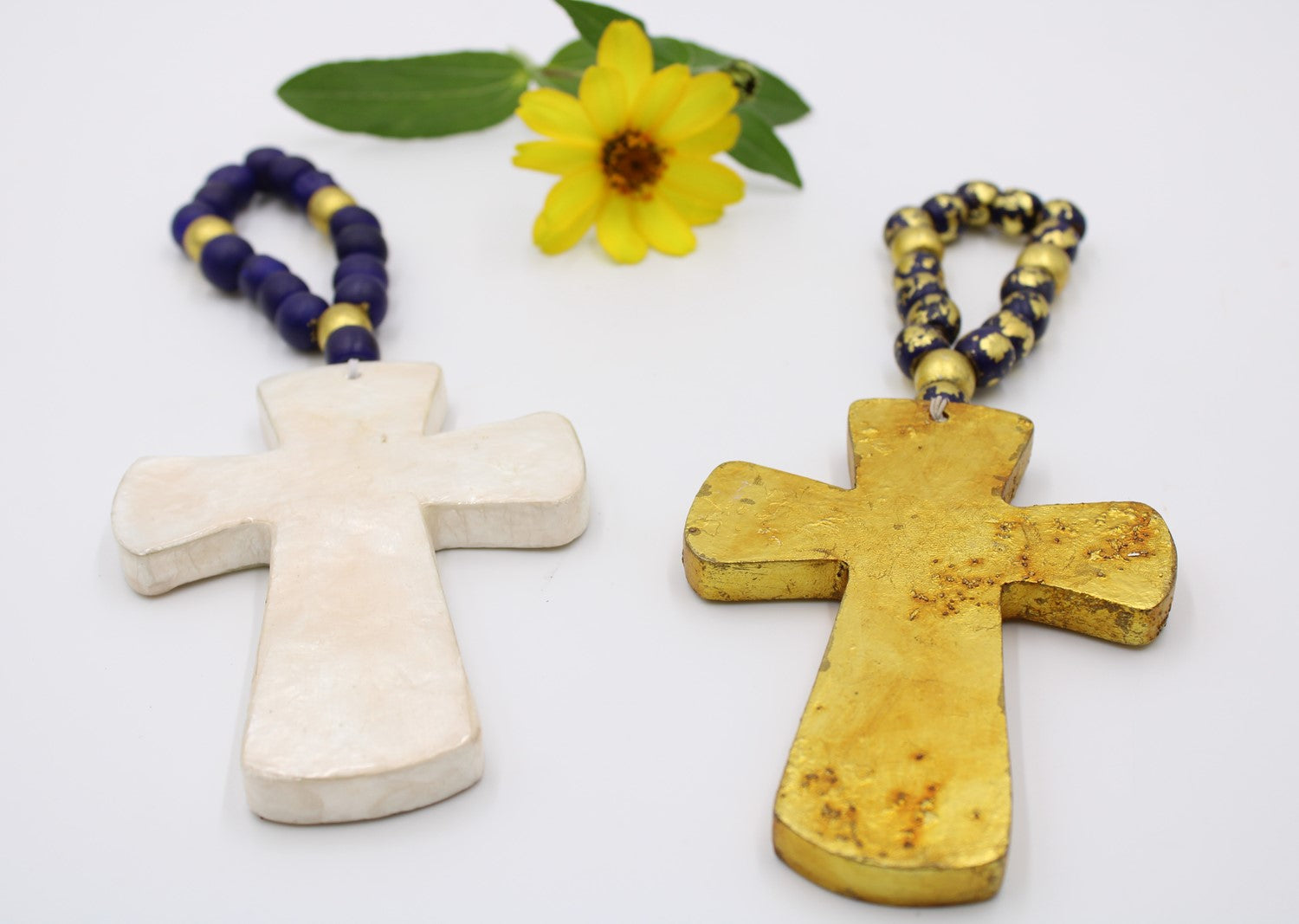 10" Capiz Cross with Navy Beaded Hanger