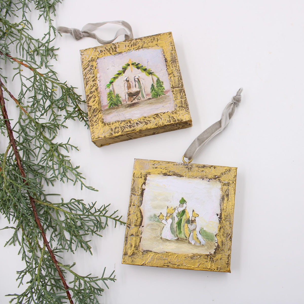 Handpainted Evergreen Nativity Canvas Ornament